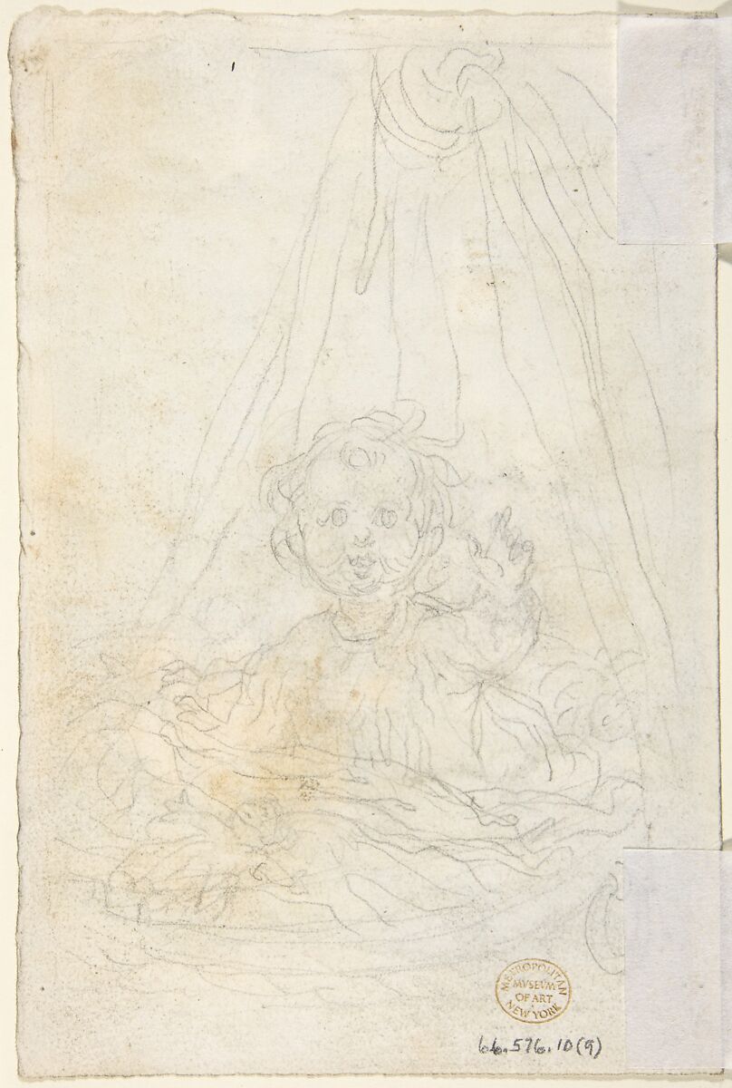 Mother Watching Over Two Young Children Playing (recto); Baby in a Bassinet (verso), Lorenz Frølich (Danish, Copenhagen 1820–1908 Hellerup), Pen and black and brown ink, brush and gray wash, over graphite (recto); graphite (verso)