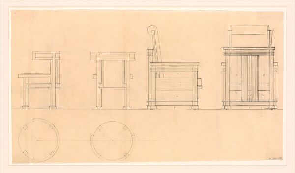 Design for Round Club Chair and Lounge Chair, side and rear views, Designed by Frank Lloyd Wright (American, Richland Center, Wisconsin 1867–1959 Phoenix, Arizona), Graphite 