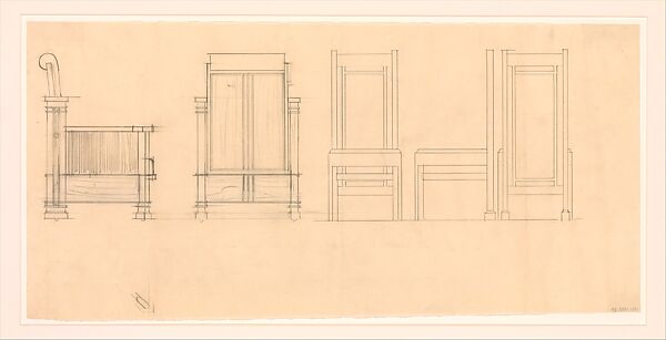 Design for a Lounge Chair and a Side Chair, side and rear views, Designed by Frank Lloyd Wright (American, Richland Center, Wisconsin 1867–1959 Phoenix, Arizona), Graphite 