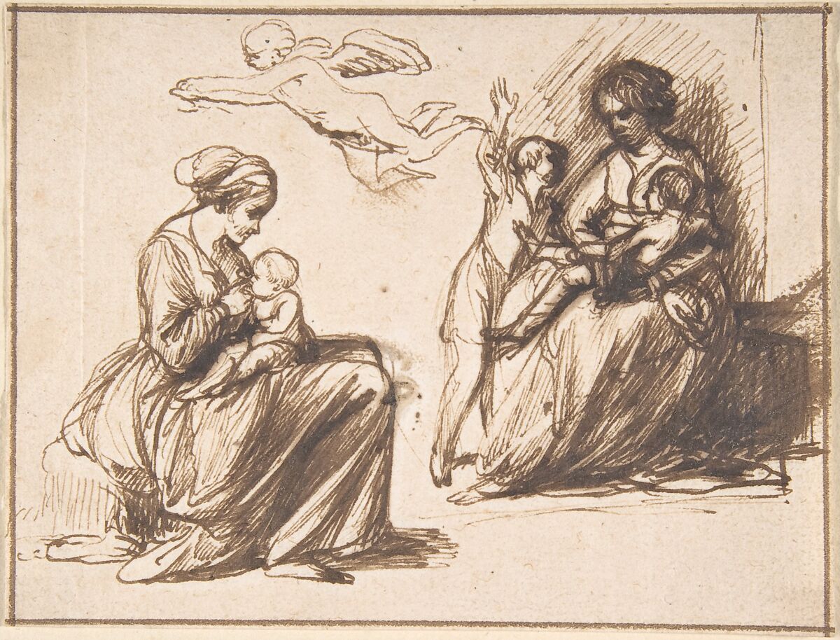 Study Sheet with Two Seated Children and an Angel, Hendrick Goudt (Dutch, The Hague 1583–1648 Utrecht), Pen and brown ink; framing lines in pen and light brown ink 