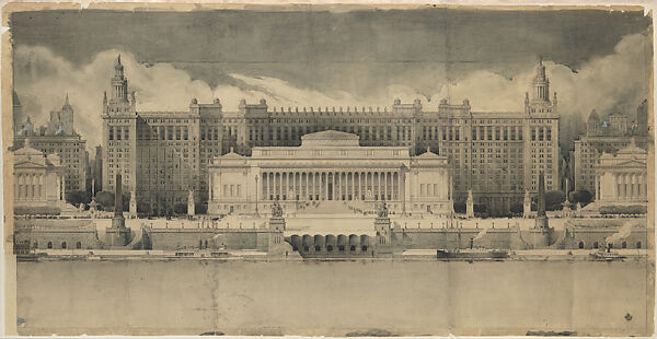 A City Hall, elevation, Harry Sternfeld  American, Graphite, pen and black ink, gray and brown wash