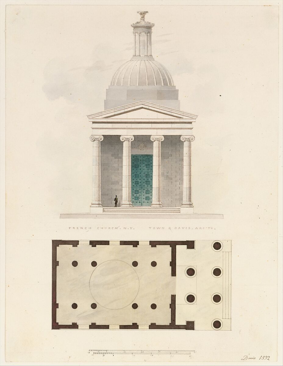 Church of the French Protestants (Eglise Français du Saint Esprit), New York (front elevation and plan), Alexander Jackson Davis (American, New York 1803–1892 West Orange, New Jersey), Watercolor and ink over graphite 
