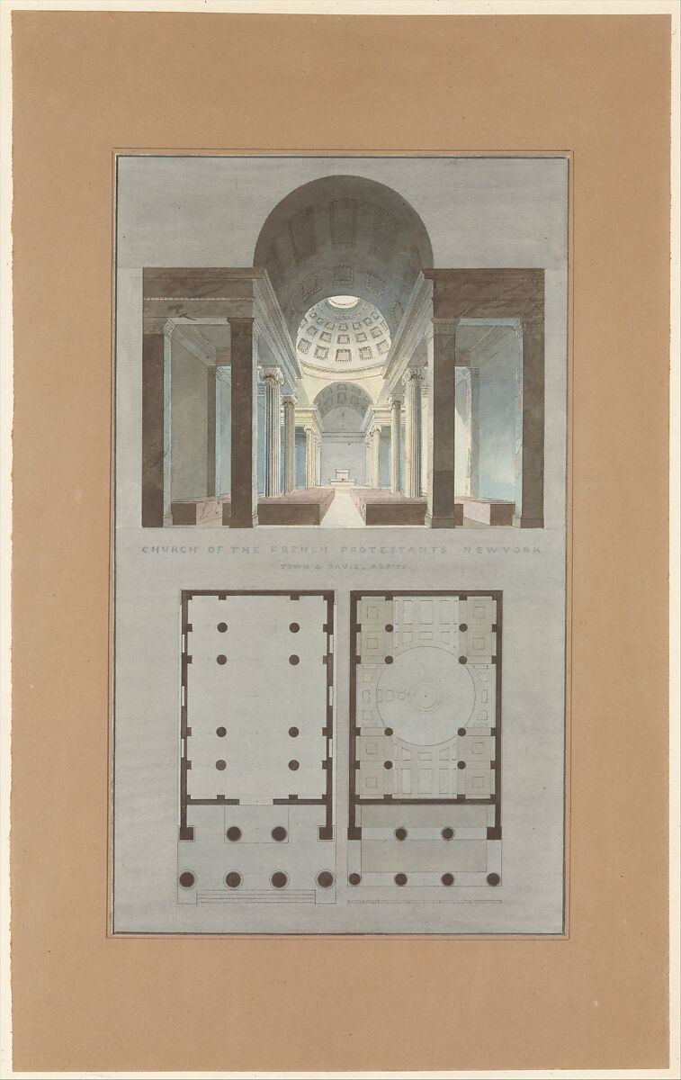 Church of the French Protestants (Eglise Français du Saint Esprit), New York (section and plan), Alexander Jackson Davis (American, New York 1803–1892 West Orange, New Jersey), Watercolor and ink over graphite 