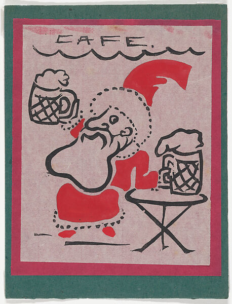 A Christmas Card showing Santa Claus in Paris, Jean Charlot (French, Paris 1898–1979 Honolulu, Hawaii), Linocut printed in black with stencil colouring on Japan paper on red board, mounted in a green paper folder 