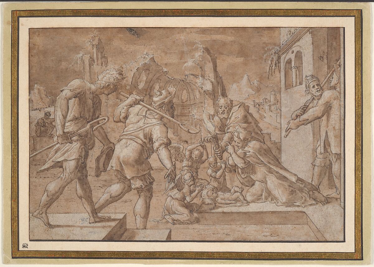 Adoration of the Shepherds, Master of Liechtenstein (probably Netherlandish, active ca. 1549–50), Pen and brown ink, brown wash, and white gouache on off-white paper prepared with light brown wash; framing line in pen and brown ink