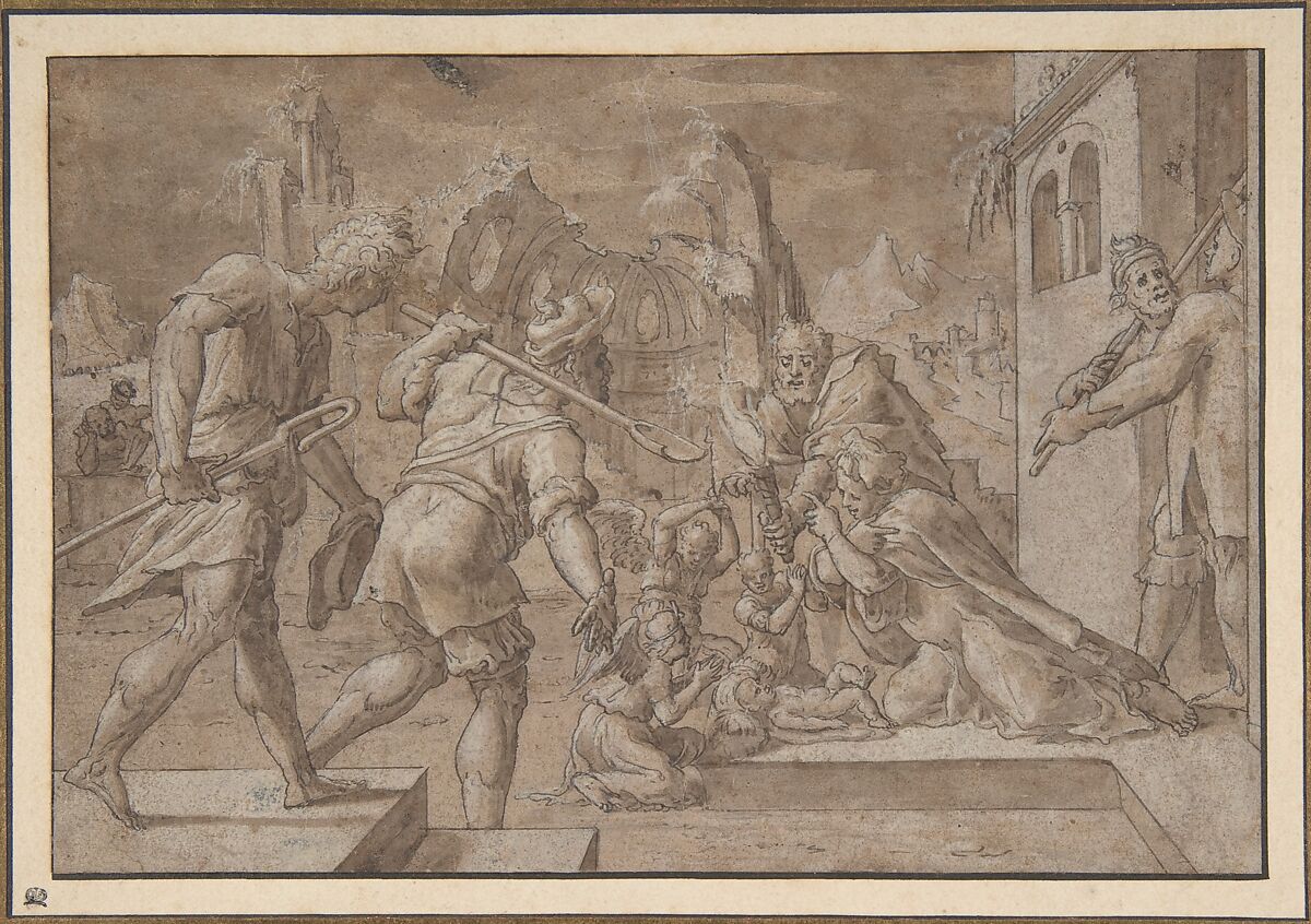 Adoration of the Shepherds, Master of Liechtenstein  Netherlandish?, Pen and brown ink, brown wash, and white gouache on off-white paper prepared with light brown wash; framing line in pen and brown ink