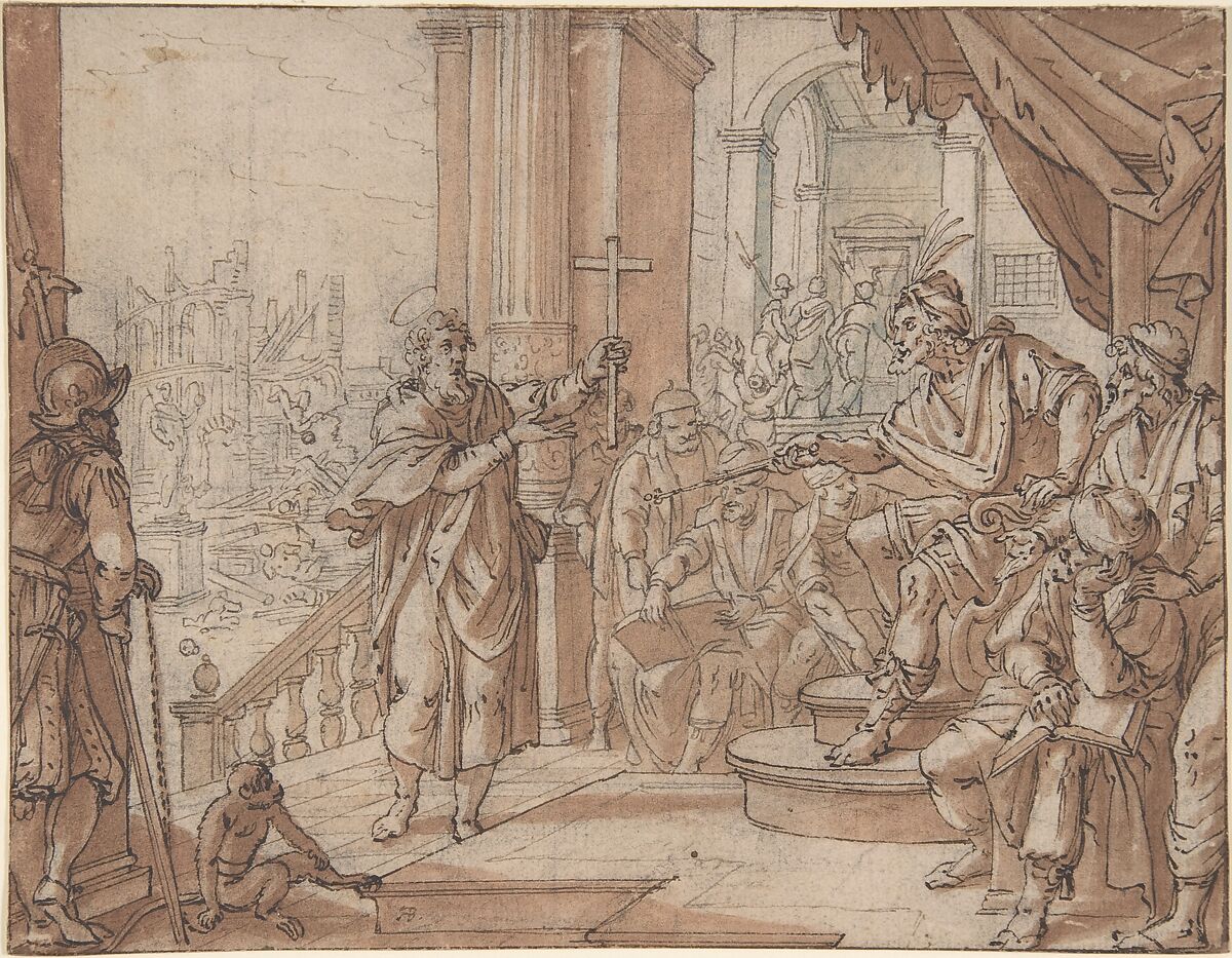 Saint John the Baptist Appearing Before Herod, Augustin Braun (German, Cologne ca. 1570–1639 Cologne), Pen and brown ink, brown-red and blue-green wash, over a sketch in black chalk (?) 