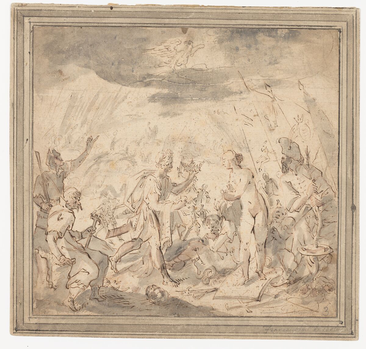 Allegory of the Battle at Selimbar (October 28, 1599), Hans von Aachen (German, Cologne 1552–1616 Prague), Pen and brown ink, brown and and red wash, over a sketch in red chalk
