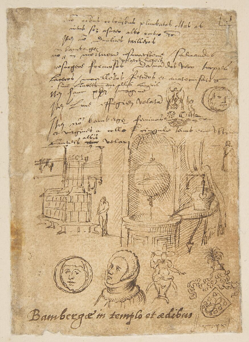 Study sheets with sketches of interiors, animals, sculpture, figures, notes, Anonymous, German, 16th century  , Bamberg (?), Pen and brown ink