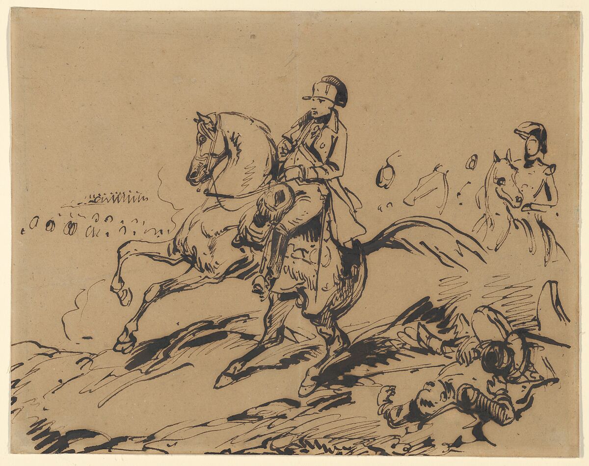 Battlefield with Soldier on Horseback (Napoleon?), baron Antoine Jean Gros (French, Paris 1771–1835 Meudon), Pen and black ink on beige antique laid paper 