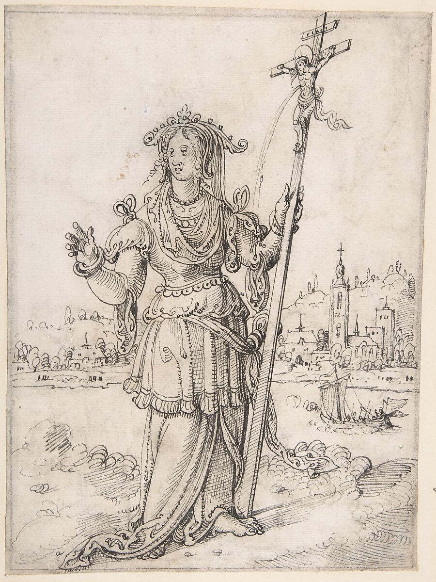 Allegorical Figure (Faith?), Pieter Cornelisz Kunst (Netherlandish, Leiden 1489/90–1560/61 Leiden), Pen and brown ink. Framing line in black chalk (left, right and upper edge) and pen and gray ink (lower edge), possibly by the artist 