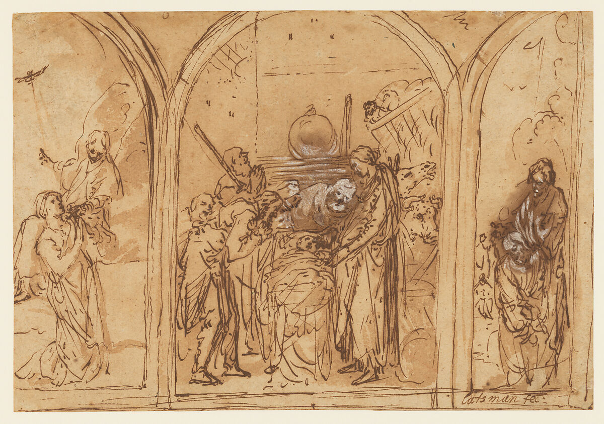 A Design for a Triptych with the Adoration of the Two Saints, Jan Simonsz. Pynas (Haarlem 1583/84–1631 Amsterdam), Pen and brown ink, brown wash, and white bodycolor 