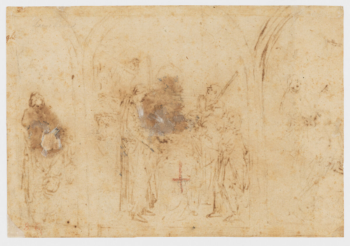 A Design for a Triptych with the Adoration of the Two Saints, Jan Simonsz. Pynas (Dutch, Haarlem 1583/84–1631 Amsterdam), Pen and brown ink, brush and brown wash, heightened with white