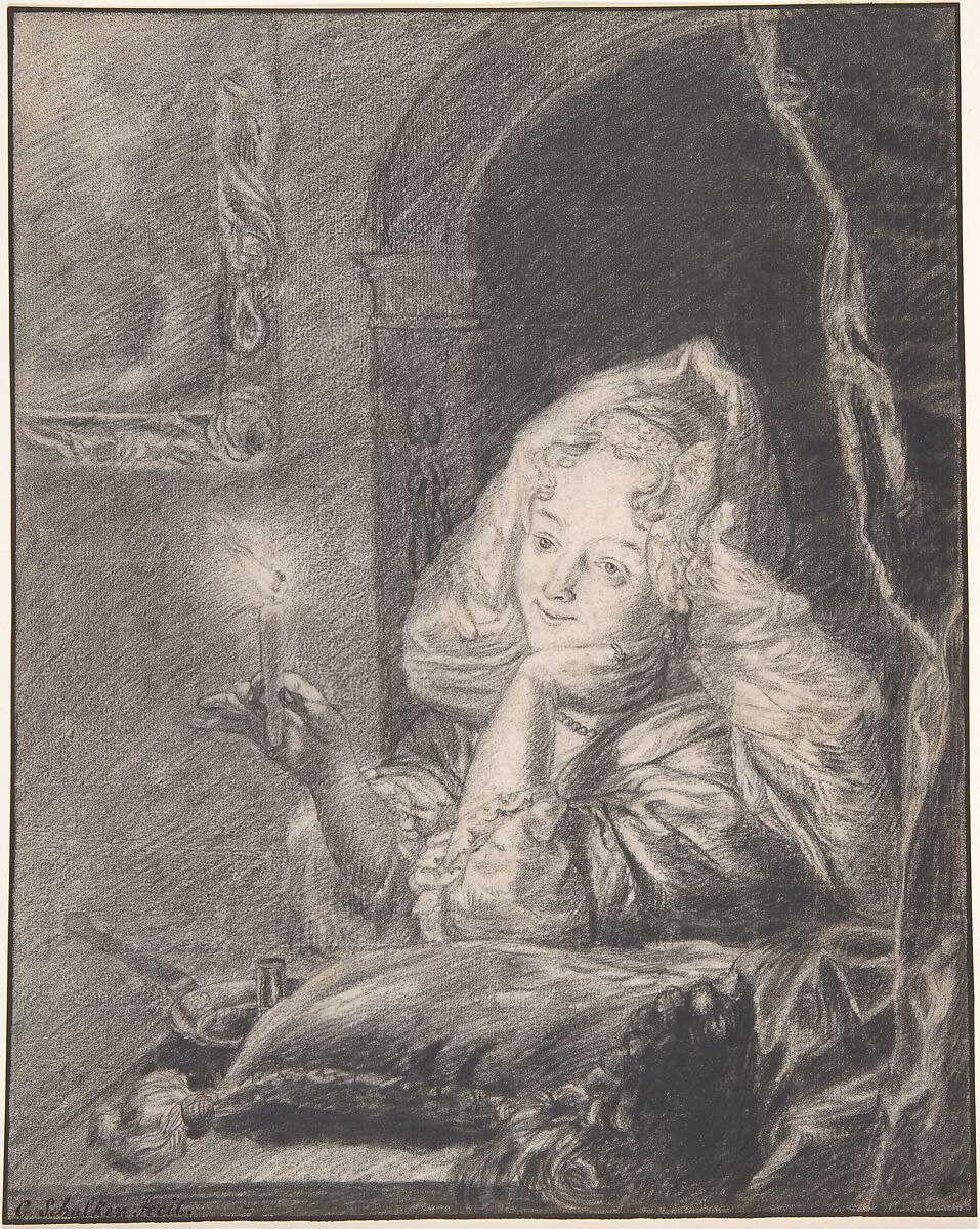 Young Woman Seated at a Table, Holding a Candle, Godfried Schalcken (Dutch, Made 1643–1706 The Hague), Black chalk. Framing line in pen and brown ink 
