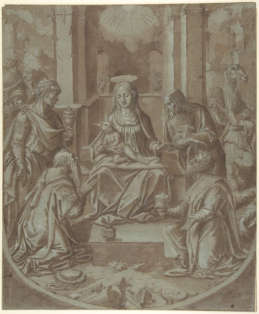 The Adoration of the Magi (Cartoon for an Embroidery), Attributed to Diego Lopez de Escuriaz (Spanish, documented at Escorial, 1587–97, died ca. 1623 (?)), Pen and brown ink, brush and brown wash, highlighted with white gouache, over black chalk, on blue-green paper; outlines finely pricked for transfer 