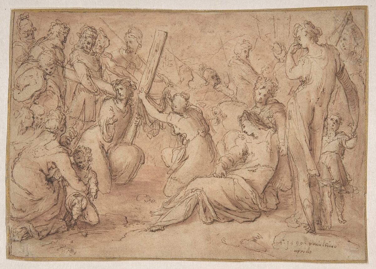 Christ Carrying the Cross, Caspar Fraisinger (German, Ochsenhausen near Biberach ca. 1560–1599 Ingolstadt), Pen and brown ink, brush and red wash. Framing lines in pen and brown ink, possibly by the artist; framing lines in gold 