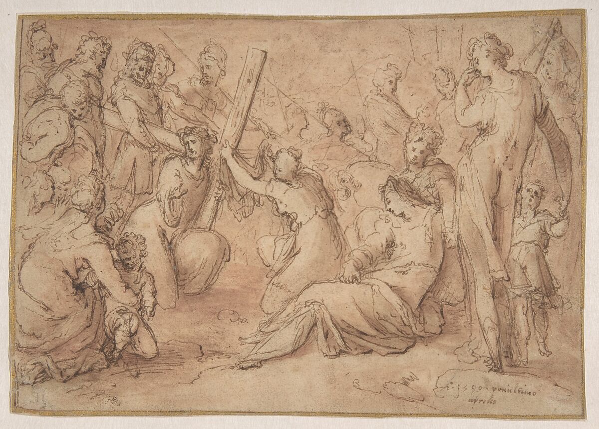 Christ Carrying the Cross, Caspar Fraisinger (German, Ochsenhausen near Biberach ca. 1560–1599 Ingolstadt), Pen and brown ink, brush and red wash; framing lines in pen and brown ink, possibly by the artist; framing lines in gold 