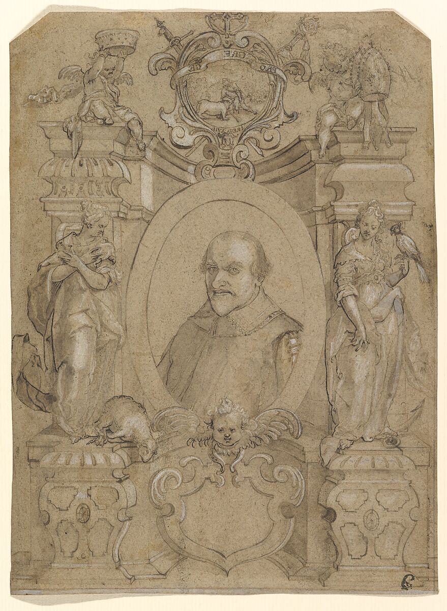 Portrait of Johann Schweickhardt von Kronberg, Archbishop of Mainz, Gerhard Brück (German, active early 17th century), Pen and brown and black ink, brown wash, heightened with body color 