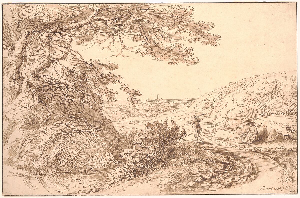 Landscape with old trees and figures, Gillis Neyts (Flemish, Overijse 1623–1687 Antwerp), Pen and brown and black ink, brown wash