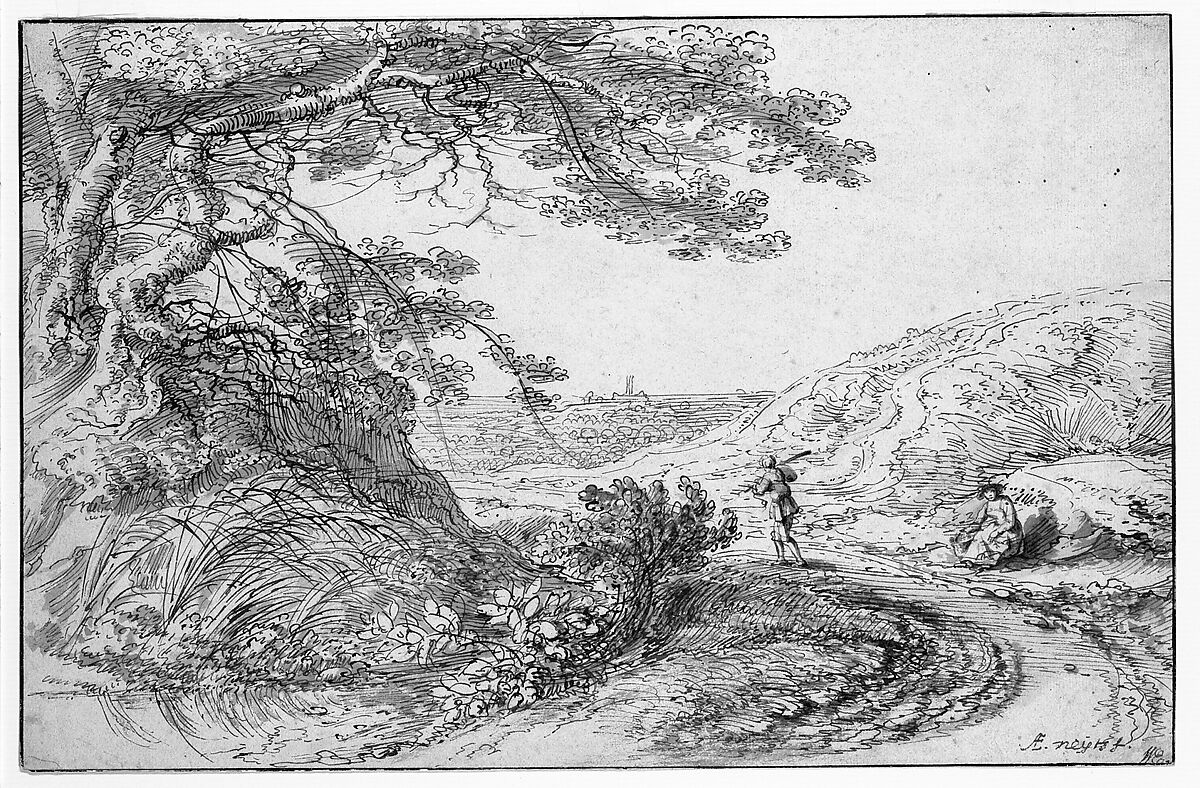 Landscape with old trees and figures, Gillis Neyts (Flemish, Overijse 1623–1687 Antwerp), Pen and brown and black ink, brown wash