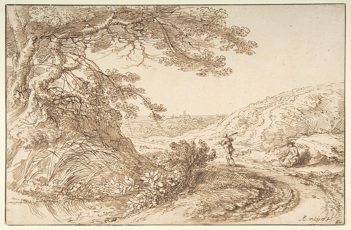 Landscape with old trees and figures, Gillis Neyts (Flemish, Overijse 1623–1687 Antwerp), Pen and brown and black ink, brown wash 