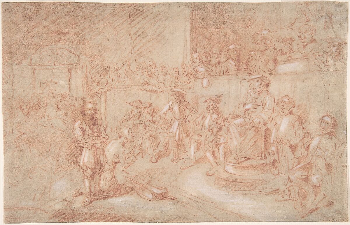 Two Men Before a Judge in a Crowded Courtroom, Egbert Jasperszoon van Heemskerck I (Dutch, Haarlem 1634/35–1704 London (active England)), Red chalk heightened with white chalk 