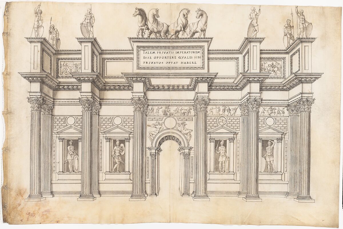 A Monumental Archway with Five Bays in the Corinthian Order, Jacques Androuet Du Cerceau (French, Paris 1510/12–1585 Annecy), Pen and black ink with gray wash and traces of black chalk
