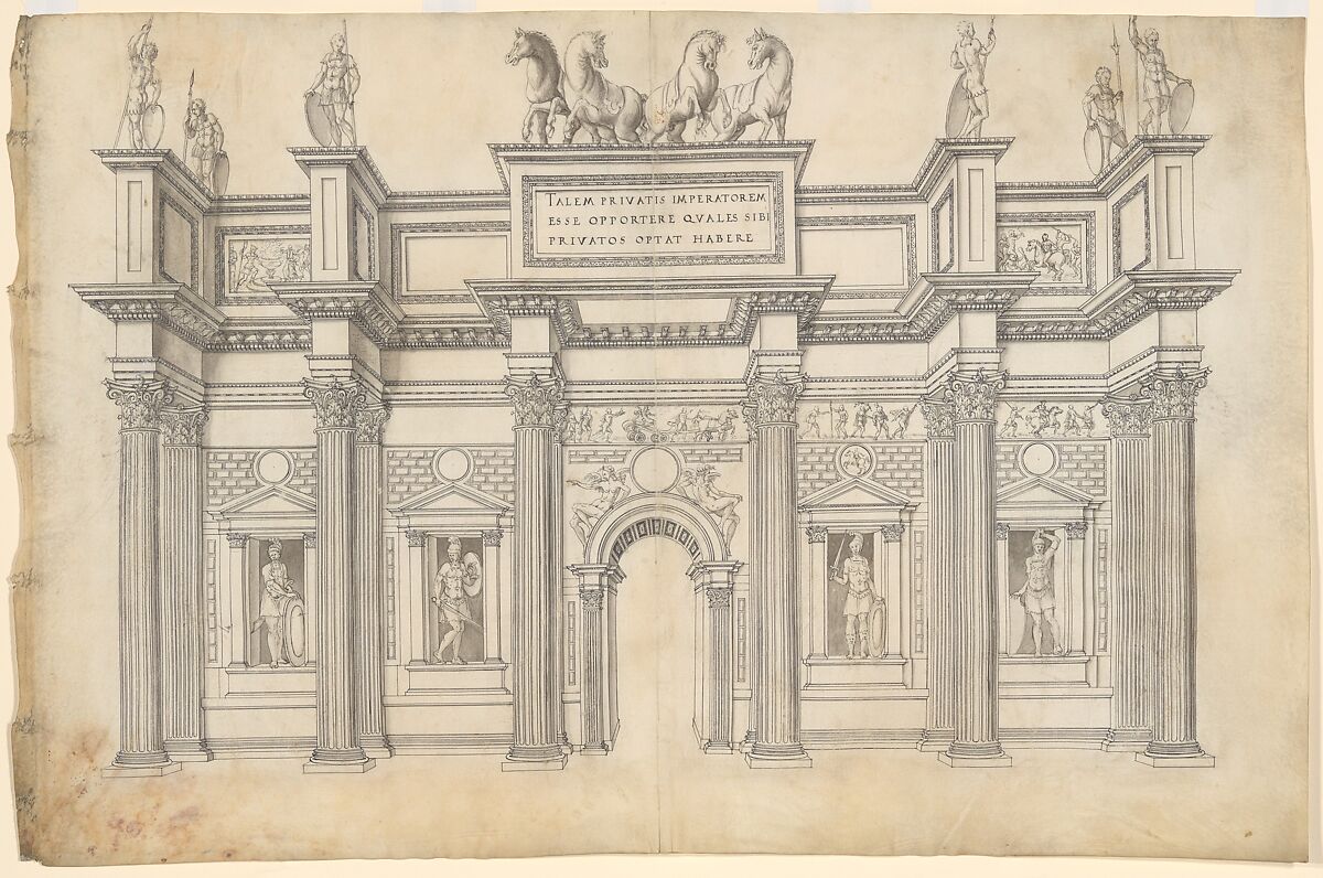 A Monumental Archway with Five Bays in the Corinthian Order, Jacques Androuet Du Cerceau (French, Paris 1510/12–1585 Annecy), Pen and black ink with gray wash and traces of black chalk 
