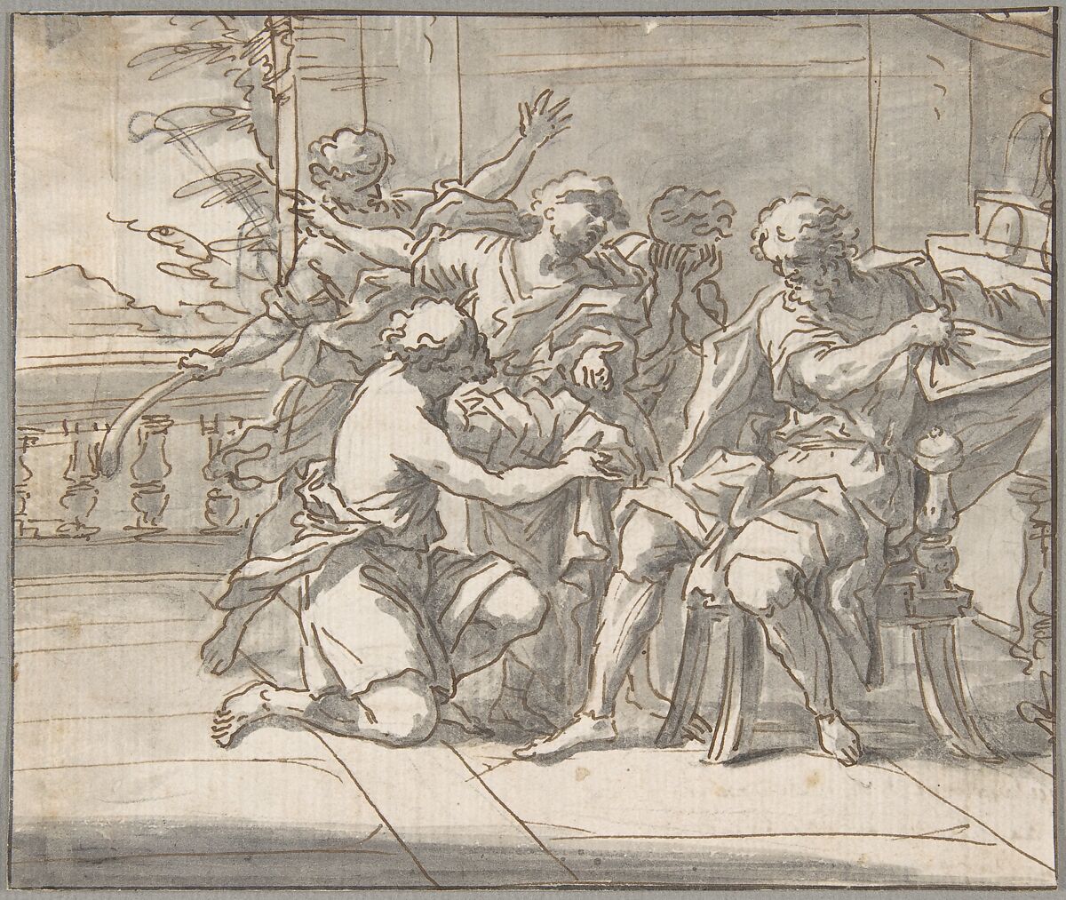 Jacob Gives Joseph a Coat of Many Colors, Daniel Seiter (Austrian, Vienna 1647–1705 Turin), Pen and brown ink, brush and gray wash, over a sketch in black chalk 