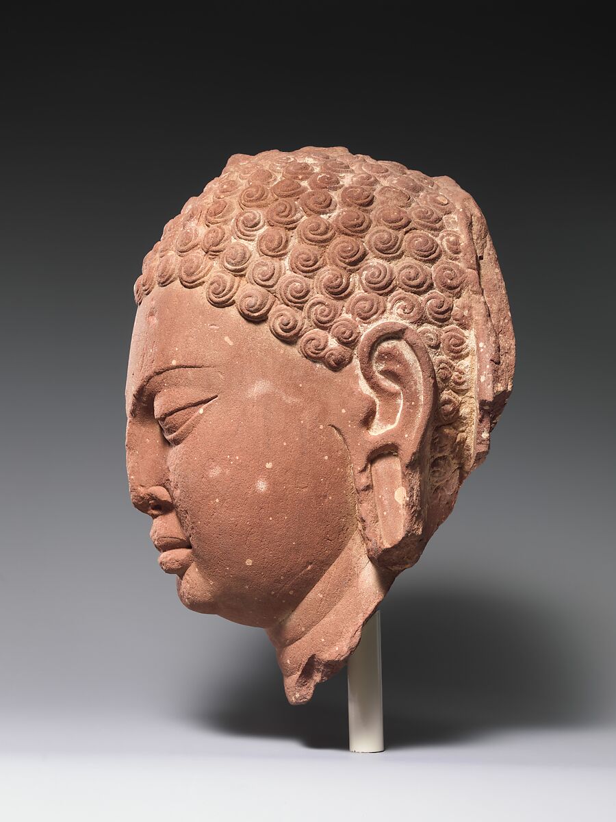 Head of a Buddha, Red sandstone, India (Uttar Pradesh, Mathura)