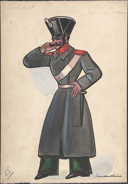 Soldat, Sergey Sudeykin (Russian, Smolensk 1882–1946 Nyack), Graphite, gouache, watercolor, mounted on gray paper 