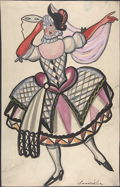 Woman in a harlequin costume holding a mask, Sergey Sudeykin (Russian, Smolensk 1882–1946 Nyack), brush and black ink, gouache, watercolor 