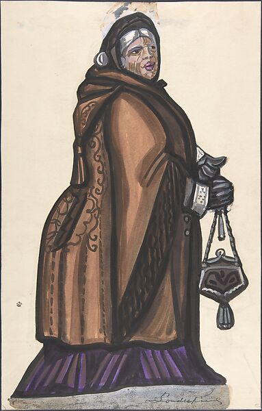 Old Woman in a Brown Coat, Sergey Sudeykin (Russian, Smolensk 1882–1946 Nyack), brush and black ink, gouache, watercolor, traces of graphite framing lines 