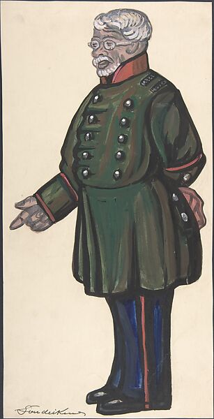 Old man in a green military coat, Sergey Sudeykin (Russian, Smolensk 1882–1946 Nyack), brush and black ink, gouache 