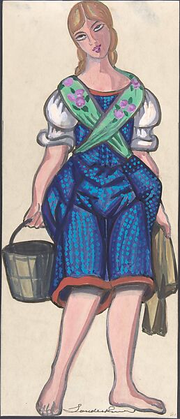 Woman dressed as a milkmaid holding a pail, Sergey Sudeykin (Russian, Smolensk 1882–1946 Nyack), brush and black ink, watercolor, gouache, traces of graphite framing lines 