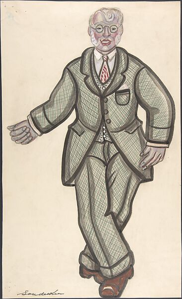 Man in a checkered suit, Sergey Sudeykin (Russian, Smolensk 1882–1946 Nyack), graphite, red and green colored pencil, brush and black ink, gouache, watercolor 