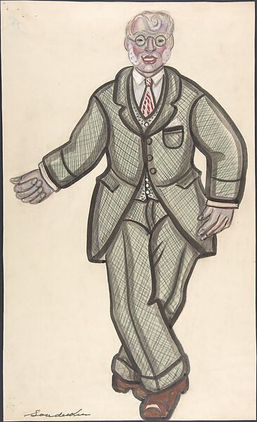 Man in a checkered suit, Sergey Sudeykin (Russian, Smolensk 1882–1946 Nyack), Graphite, red and green colored pencil, brush and black ink, gouache, watercolor 