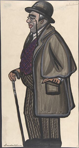 Man wearing a purple and red vest, with a pince-nez and bowler, Sergey Sudeykin (Russian, Smolensk 1882–1946 Nyack), brush and black ink, gouache, watercolor 
