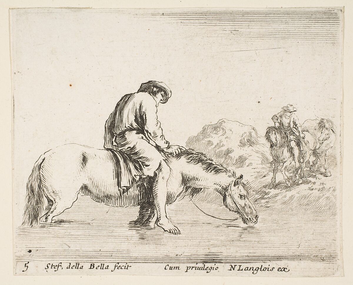 A barefoot peasant on horseback crossing a river, another peasant on horseback and leading a horse on a bank to right in the background, plate 5 from "Diversi capricci", Stefano della Bella (Italian, Florence 1610–1664 Florence), Etching; third state of four (De Vesme) 