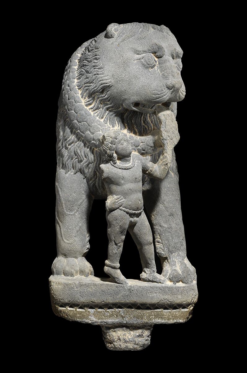 Pair of Lions with Attendant, Schist, Pakistan (ancient region of Gandhara)