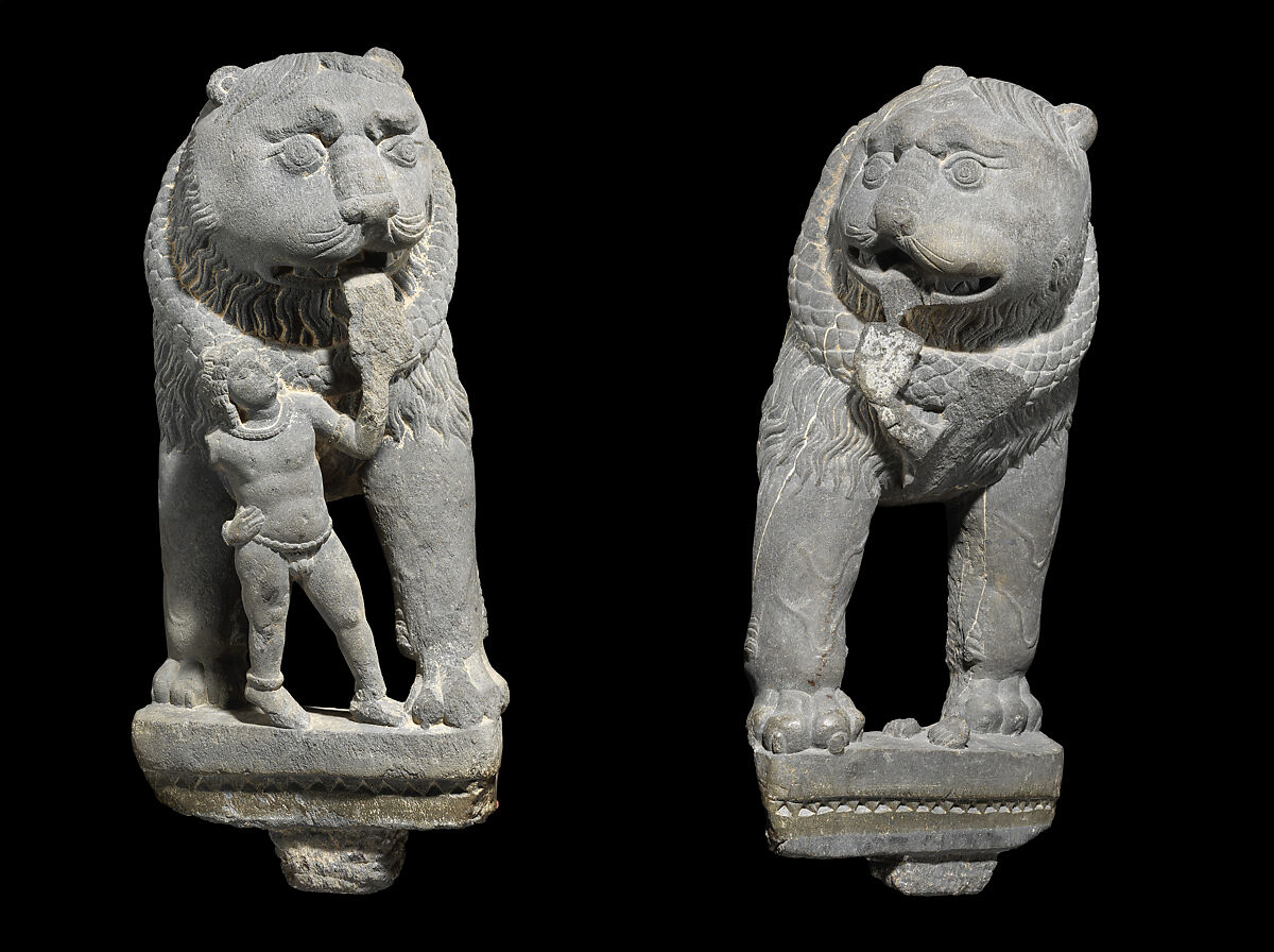 Pair of Lions with Attendant, Schist, Pakistan (ancient region of Gandhara) 