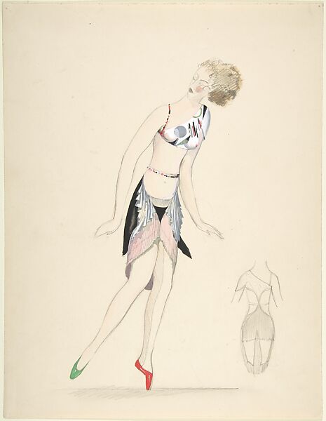 Female dancer in cubist costume, Sergey Chekhonin (Russian, 1878–1936), Graphite, watercolor, gouache. 