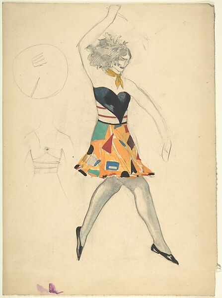 Female dancer in cubist costume holding a knife, Sergey Chekhonin (Russian, 1878–1936), graphite, watercolor. 