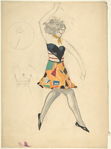Female dancer in cubist costume holding a knife