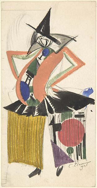 Clown in cubist costume, Sergey Chekhonin (Russian, 1878–1936), graphite, watercolor, gouache. 