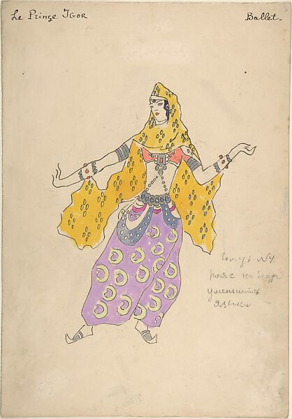 Costume design for Polovtsian girl in "Prince Igor", Konstantin Korovin (Russian, Moscow 1861–1939 Paris), Pen and black ink, watercolor, gouache, and silver paint 