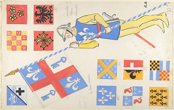 Studies for coats of arms and theatrical costume for a soldier carrying a banner, Boris Konstantinovitch Bilinsky (Russian, Tighina 1900–1948 Catania), pencil, watercolor, gouache, brush and black ink. 
