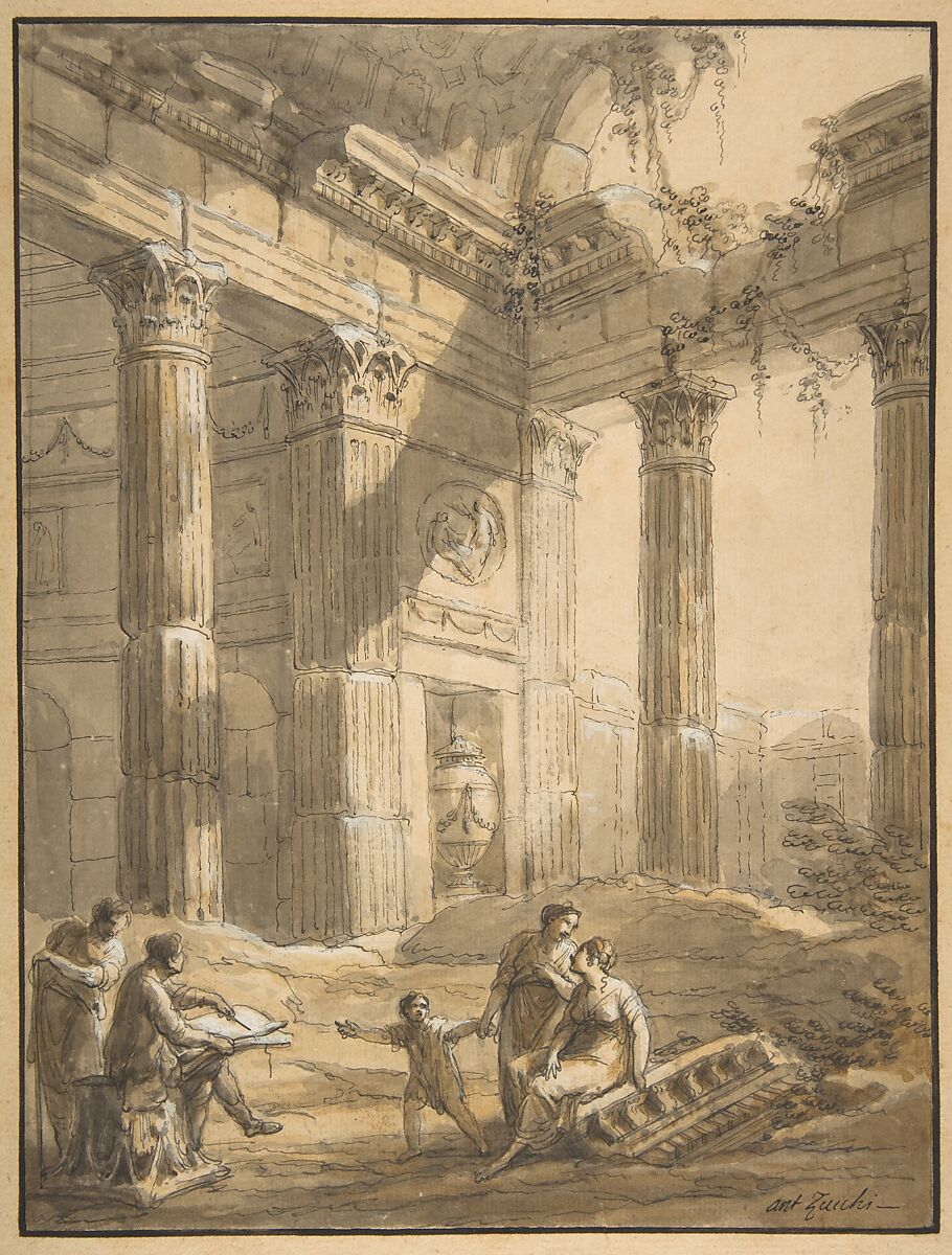 Artist Among Ruins, Antonio Zucchi (Italian, Venice 1726–1796 Rome), Pen and brown ink, brush and brown wash, highlighted with white gouache 