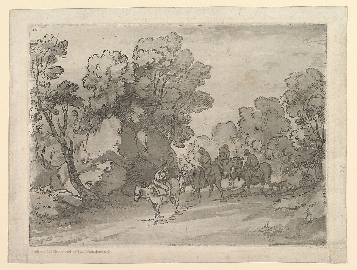 Wooded Landscape with Riders, Thomas Gainsborough (British, Sudbury 1727–1788 London), Aquatint; second state of two 
