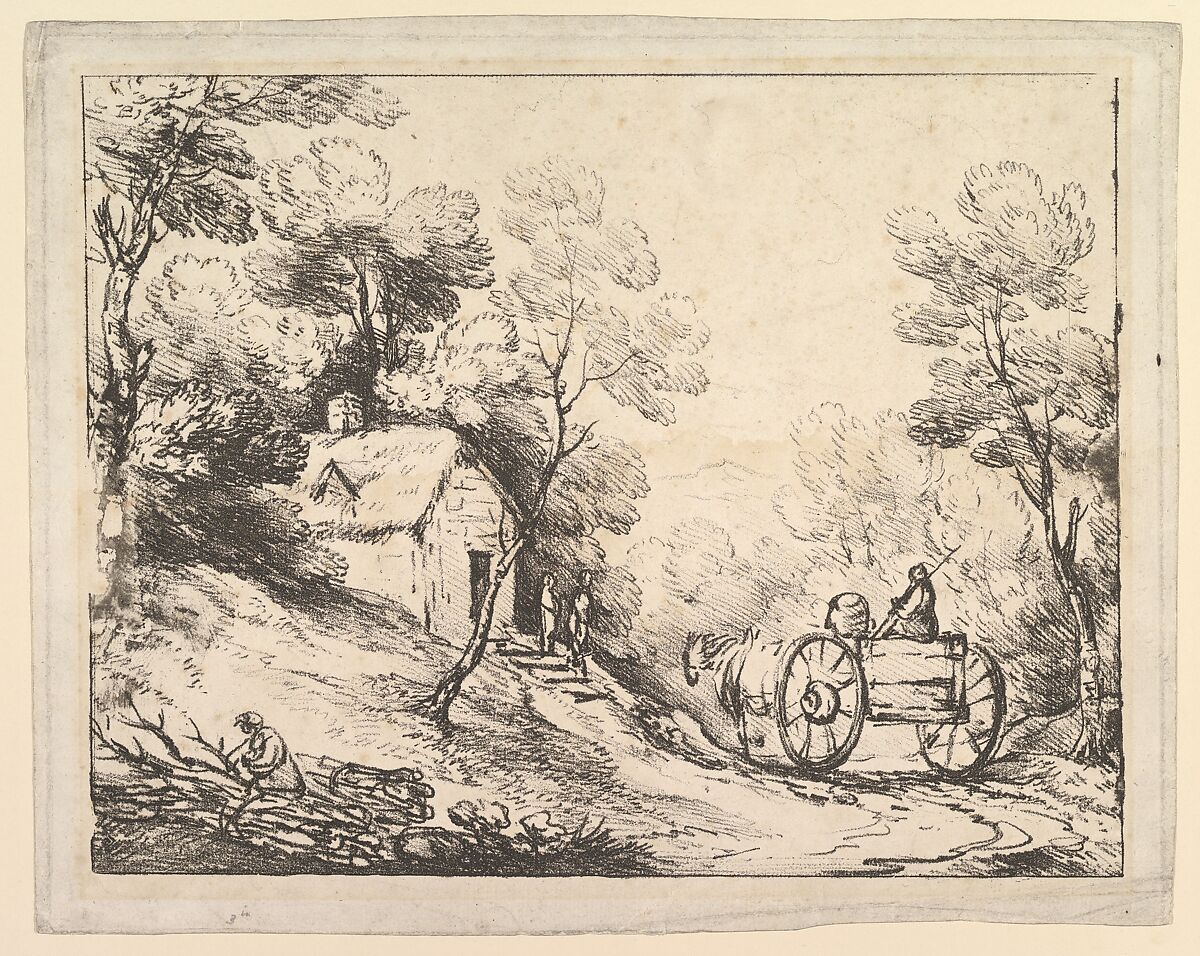 Wooded Landscape with Country Cart, Cottage and Figures, Thomas Gainsborough (British, Sudbury 1727–1788 London), Soft-ground etching; first state 